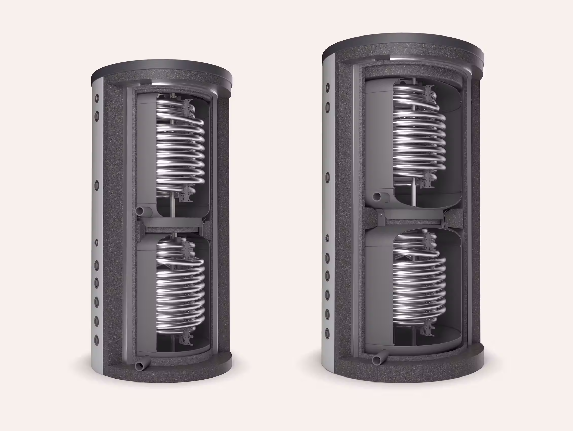 Schnittansicht des Copar 500 und Copar 800 Wärmepumpenspeichers mit sichtbaren Edelstahl-Wärmetauscher-Spiralen und Zonentrennung zwischen Warmwasser- und Heizungsbereich